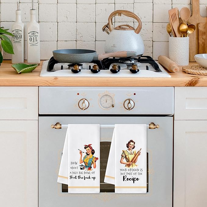 GROBRO7 Funny Kitchen Hand Towel - 6Pcs Retro Lady Cooking Dish Towels Soft Polyester Cleaning Dishcloth Home Dining Room Bath Vintage Style Decor Housewarming Gifts for Housewife Women Hostess