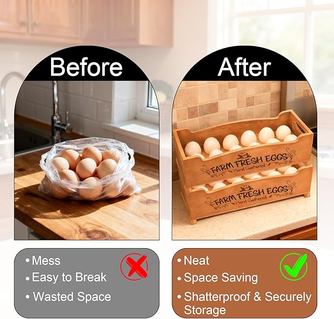 Wooden Farm Fresh Egg Holder Set of 2, Stackable Egg Trays with 12 Slots (24 Total), Brown Countertop Organizer for Fresh Eggs, 2-Tier Kitchen Counter Storage Eggs Crate