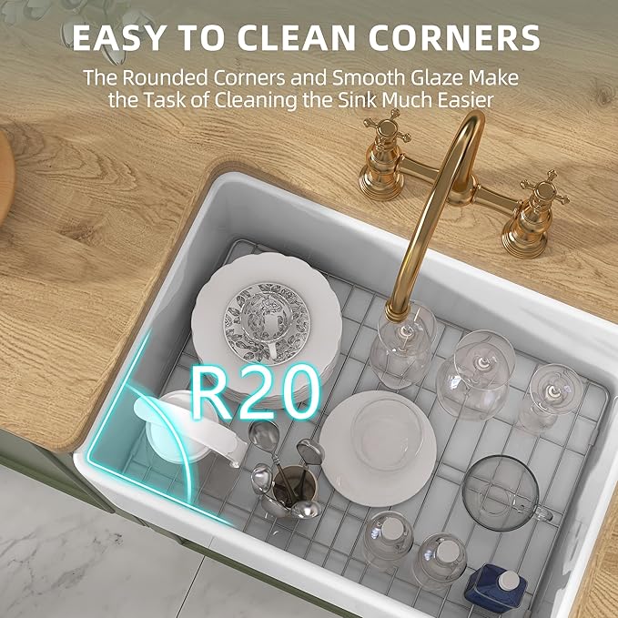TUKTUK White Farmhouse Sink 24 X18 inch Fireclay Farm House Apron Front Undermount Small Modern Kitchen Sink Single Bowl for Bar and RV Luxury Bottom Grid & Strainer
