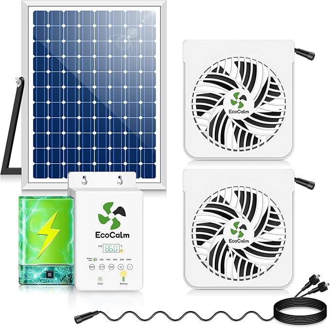 Solar Exhaust Fan for Chicken Coop with Battery, Solar Powered Fan with 25W Bifacial Solar Panel & Dual 5.5" Hang & Use Fans Kits
