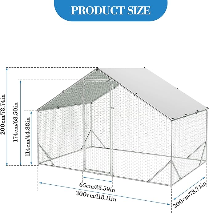 Large Metal Chicken Coop, 9.8'L x 6.5'W x 6.5'H Walk-in Poultry Cage, Chicken Run Pen House with Waterproof & Anti-Ultraviolet Cover Chicken Coop Run for Outdoor Backyard Farm