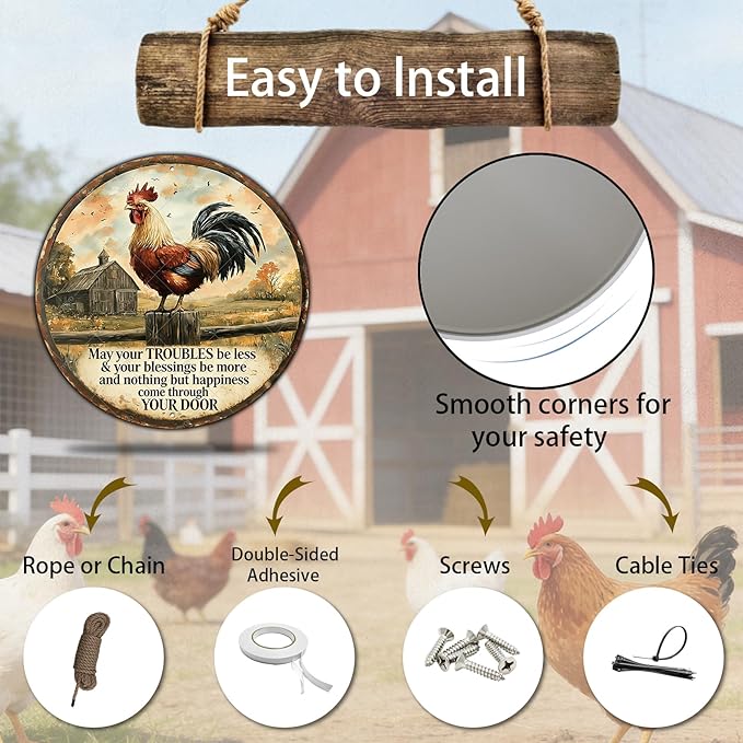 Rooster Kitchen Wall Decor Round Chicken Metal Signs Farm Rooster Crowing Sign Welcome To My Mother Kitchen Home Fence Wall Decor Vintage Chicken Coop Tin Poster 8 Inch