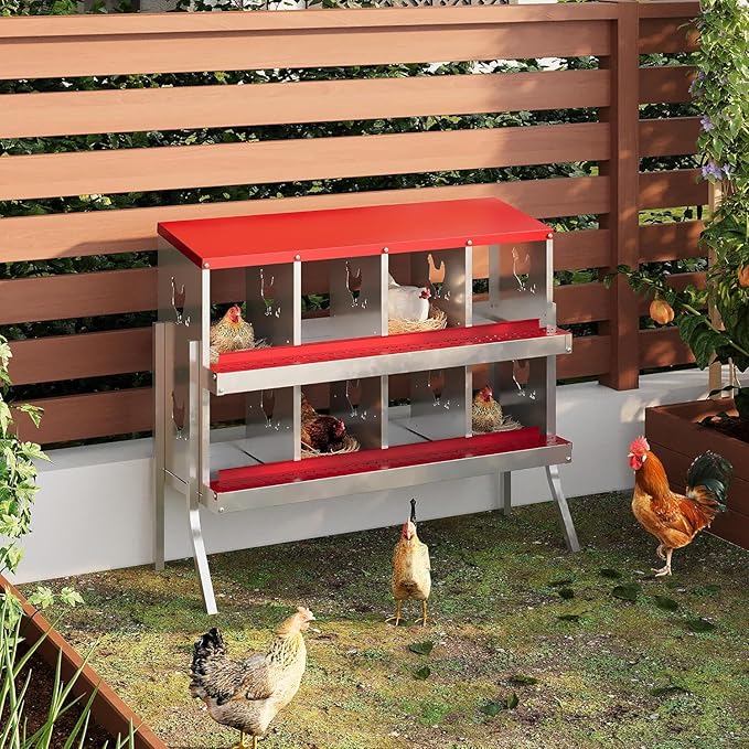 Chicken Nest Box, 8-Compartment Egg-Laying Box, Metal Hen House, Convenient for Collecting Eggs - Ventilated Poultry House Equipment - Suitable for Hens, Ducks Red, Without Stand