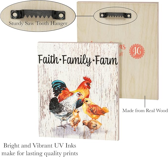 JennyGems Faith Family Farm Wooden Sign, Rustic Farm Signs, Chicken Decor, Farmhouse Decorations, Made in USA
