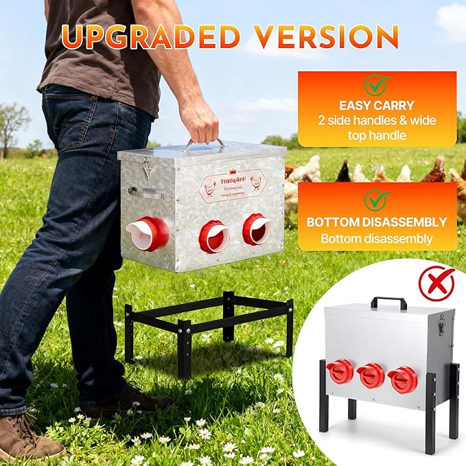 40Lb Automatic Chicken Feeder - No Waste Metal Chicken Feeders 6 Port Metal Silo with Locking Lid, Rat & Rodent Proof Weatherproof Design, Adjustable Legs for Poultry Outdoor Coop & Backyard Chickens