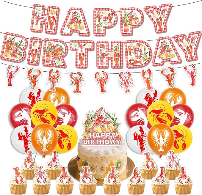 Crawfish Boil Party Supplies - Lobster Happy Birthday Banner Crawfish Balloons and Crayfish Cake Topper for Seafood Theme Birthday Party Decorations