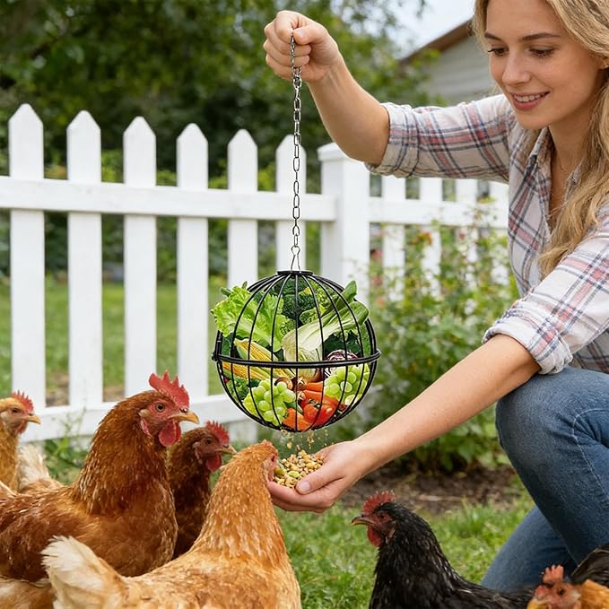 Hangings Chicken Feeder, Portable, 9x19x19cm, Adjustable Hanging Chain, Large Animal Feede, Encourages Natural Foraging, for Chickens, Ducks, Quail, Goats, Horses, Deer