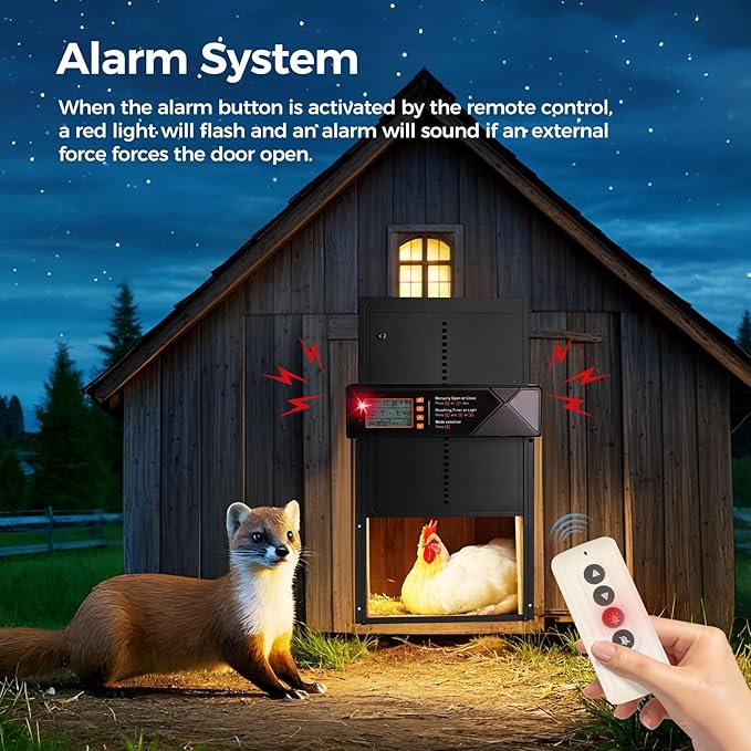 Automatic Chicken Coop Door Solar Powered, 4 Modes Automatic Chicken Door with Timer & Light Sensor, 7W Solar Charging Panel, Waterproof Aluminum Alloy Chicken Door with LED Screen (Black)