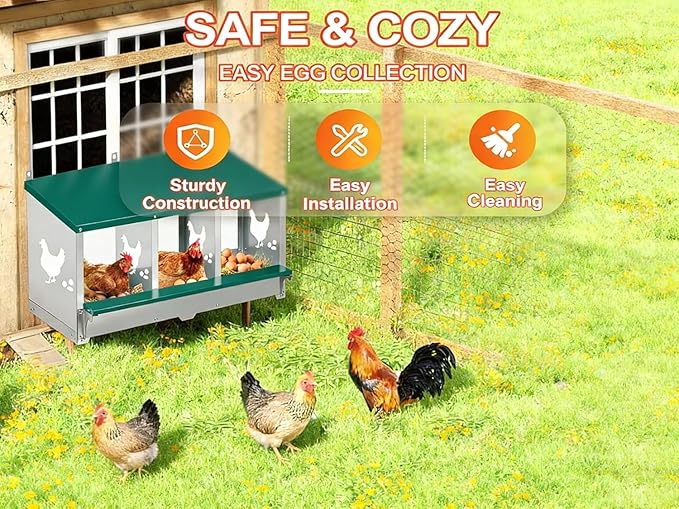 Garvee Large Metal Chicken Nesting Boxes for Hens, 3 Compartment Galvanized Steel Nesting Box, Includes 4 Fake Eggs & 10 Soft Nest Pads Pads, Wall Mount or Freestanding for Coop & Farm