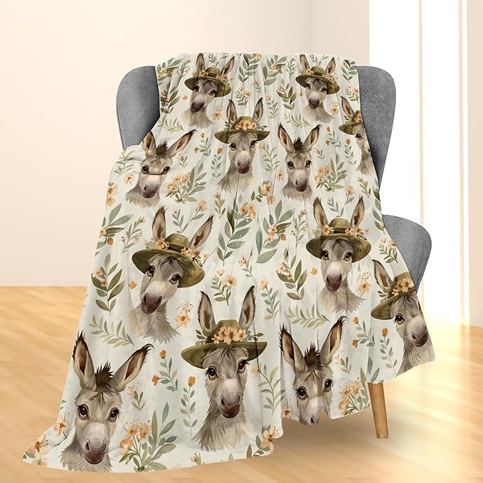 Charming Donkey in Hat & Floral Blanket, Soft Warm Flannel Throw for Couch, Bed, Travel, Living Room & Home Decor, Cozy Lightweight Fuzzy Blankets for Adults Kids Women Boys Girls 60×50 in