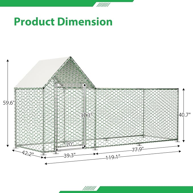 KEIKI Large Metal Chicken Coop, Metal Chicken Run with Waterproof Cover, Farm Poultry Run Hutch Hen House, Outdoor Walk-in Chicken Pen for Poultry Duck Rabbit, 9.93ft x 3.52ft x 4.97ft