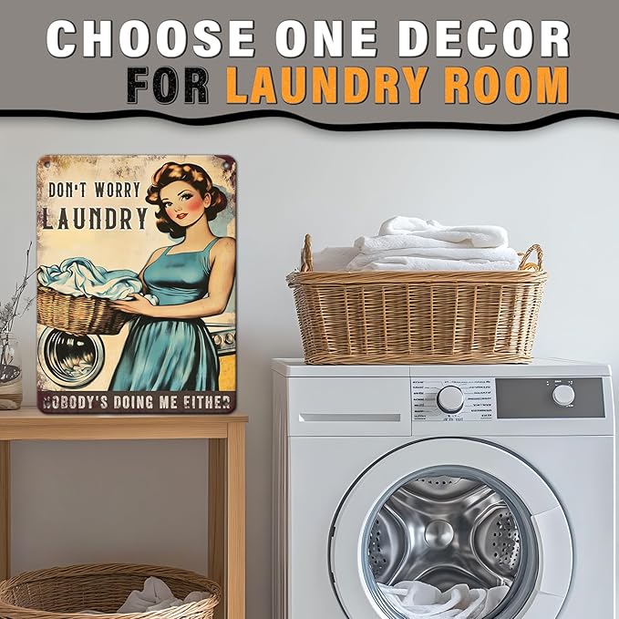PEACHGARDEN Don't Worry Laundry Vintage Tin Sig Funny Sarcastic Retro Housewife Design Metal Tin 1950s Mom Laundry Sign Laundry Room Wall Decor for Home 12x16inch