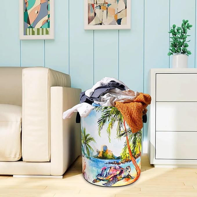 Hawaiian Beach Sea Turtle Laundry Basket Oxford Cloth Laundry Hamper With Handle Foldable Portable Clothes Storage Basket 18.9 X 16.5 In Storage Bag For Laundry Room/Bathroom/Bedroom/Dormitories