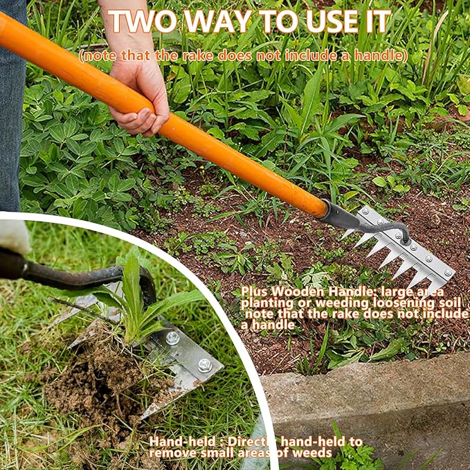 Weeding Rake for Gardening, Gardenia Iron Rakes for Backyard, Lawn, Small Farm, Rake with Sharp Metal Teeth，Heavy Duty Garden Tool for Weeding Without Handles (5 Tines)
