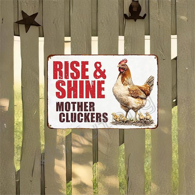 Vintage Chicken Decor Sign Rise And Shine Mother Cluckers for Home Chicken Coop Farm Fence Kitchen Bathroom Wall Decor 12x8 Inch