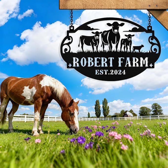 Personalized Farm Cow Calf Signs, Custom Ranch Sign, Customized Farm Metal Signs Outdoor, Custom Large Hanging Family Name Cow Sign for Farms, Ranch, Barn, Farmhouse
