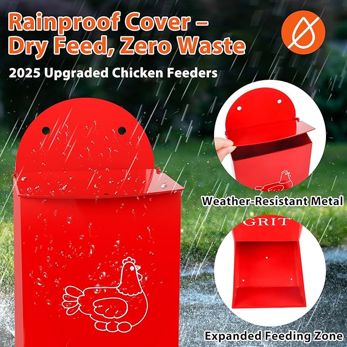 2Pack Chicken Grit Feeder, Metal Oyster Shell Feeder with Lid, Hanging Gravity Chicken Poultry Feeders Trough, Coop Accessories Supplies