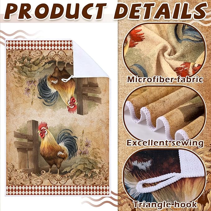 Geyoga 4 Pcs Chicken Kitchen Towels Rooster Dish Hand Towels Farm Animal Cow Vintage Rustic Tea Cloth for Spring Easter Bathroom Farmhouse Decor Gifts, 16 x 24 Inch(Classic Color,Rooster)