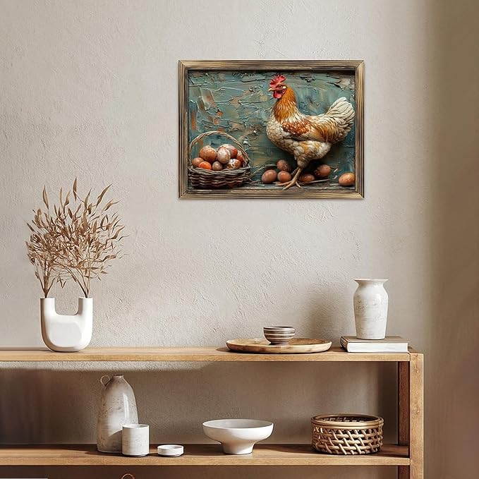 Rustic Long Wooden Framed Art Rustic Hen Eggs Basket Texture Farmhouse Style Wall Decor Sign for Tabletop Or Hanging - Durable Handcrafted Wood Print - Home & Office Decoration