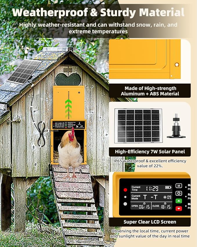 Automatic Chicken Coop Door, Pet Deluxe Chicken Coop Door Solar Powered 7W - Programmable Timer, Light Sensor, Anti-Pinch Safety, Aluminum Alloy Frame with 10 Wire Clips Chicken Door - Gold