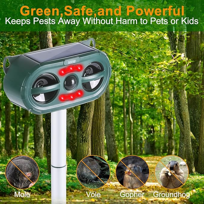 2025 Upgraded Solar Ultrasonic Animal Repellent Outdoor Indoor, Waterproof Motion Activated Deterrent Repel Deer Cat Dog Bird Rabbit Squirrels Raccoon Skunk with Red-White Flash Lights for Garden Yard