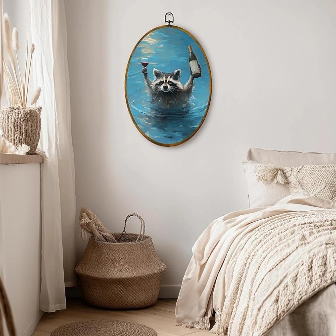zewepri Raccoon Wall Art, Wine Lover Gift – 8.6×11.4 Inches High-Density Canvas with Pre-Installed Hook for Easy Hanging, Ideal for Bedroom, Living Room, Study, or Gift for Art Lovers