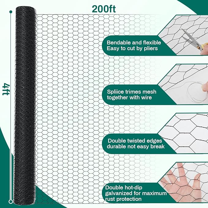 48 in x 200 ft Chicken Wire Fencing Metal Floral Chicken Wire Mesh for Crafts Poultry Garden, 1 Inch Hexagonal Galvanized Hardware Cloth Netting for Poultry Coop Barrier Rabbit Cage (Black)