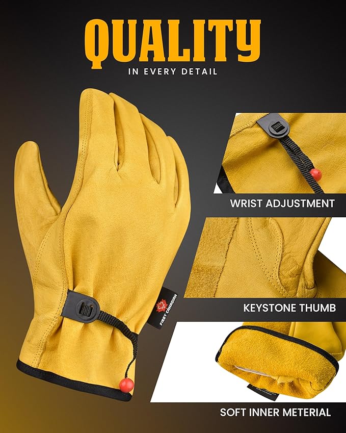 1 Pair Heavy Duty Leather Work Gloves for Men & Women – Adjustable Strap Cowhide Construction & Yard Leather Gloves – Puncture Resistant Safety Gloves for Landscaping & Outdoor Use (XXL)