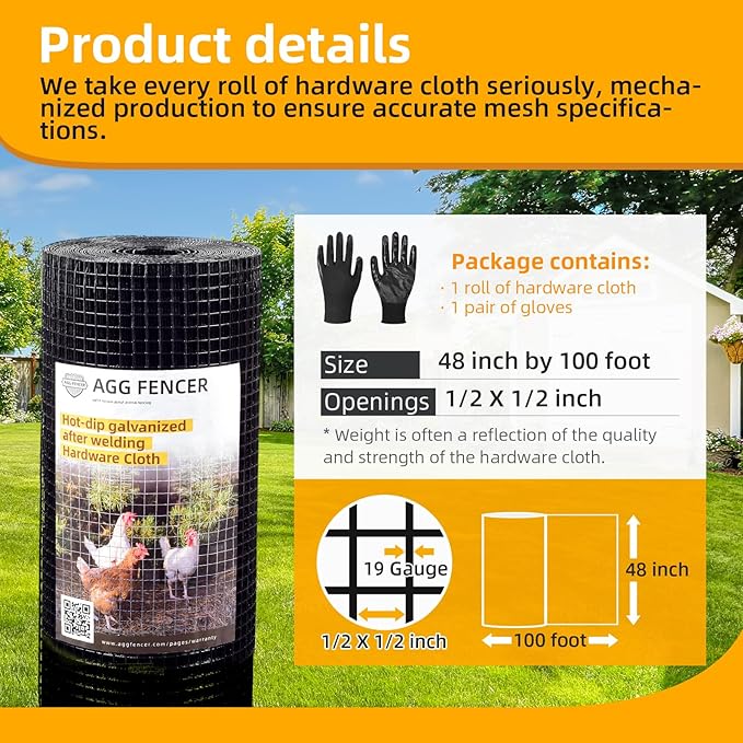 Black Hardware Cloth 1/2 inch 48 x 100ft PVC Coated Wire Mesh Vinyl Coated Fence, Welded Metal Chicken Wire Fencing Roll, Garden Plant Fencing, for Chicken Coop, with Gloves