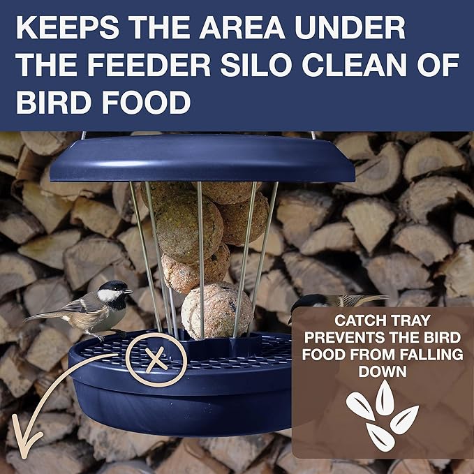 SWISSINNO Bird Feeders - No Mess Fat Ball/Suet Feeder for Outdoors Hanging - Smart Birds Lucerne Spill Proof Wild Cardinal Bird Feeder with Integrated Seed Catcher Tray - Indigo