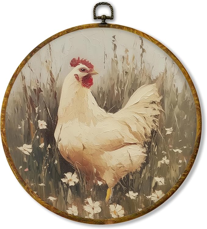Hiuwevt Vintage Farmhouse Chicken Round Wall Art Decor, Retro Country Farm Animal Framed Canvas Prints, Rustic Cottagecore Chicken Round Wall Hanging Decor for Kitchen Home Decorations, 10x10 Inches