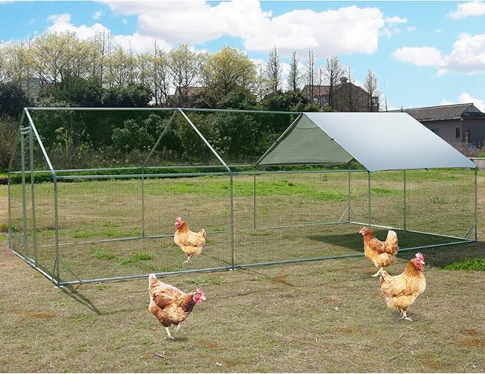 Large Metal Chicken Coop Walk-in Poultry Cage Hen Run House Habitat Spire Shaped Cage with Waterproof and Anti-Ultraviolet Cover for Outdoor Backyard Farm Use (19.68’ L×9.84’ W)