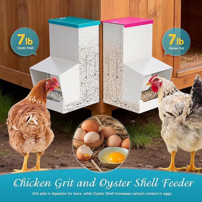 2PCS Metal Automatic Chicken Feeder, Wall Mount Hanging Poultry Feeder Dispenser with 2 Ports, 7lb Chicken Grit and Oyster Shell Feeder Trough No Waste for Outside Coop Quail Ducks Turkeys