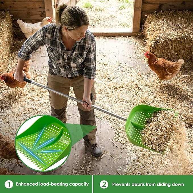 Chicken Poop Scooper & Rake 2-in-1, Adjustable Handle Length from 38" to 66", Features Manure Sifting Capability – Ideal for Chicken Coops and Farm Animal Cleaning (Green)