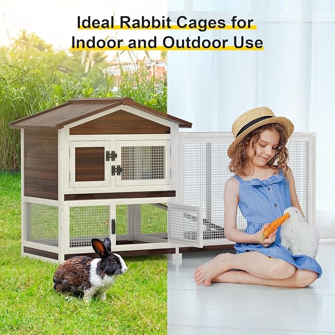 Rabbit Hutch Indoor Bunny Cage Outdoor Rabbit Cage 2 Tier Wooden Guinea Pig Cage with Runway and 3 Pull Out Trays, 4 Opening and Closing Doors