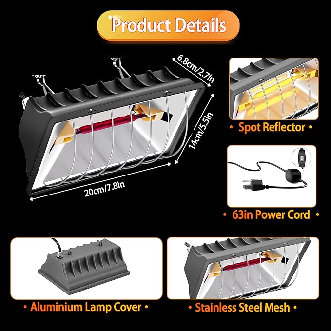 Heat Lamp for Chickens, 250W Chicken Heat Lamp, Brooder Heater for Chicks, Hanging Light Heated Adjustable Temp & Height, with Anti-Fall Aluminum Alloy Lamp Shade, for Chick, Ducks, Poultry (black)