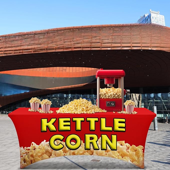Oudain 6 ft Kettle Corn Stand Tablecloth Elastic Spandex Popcorn Rectangle Table Cover Kettle Corn Banner Sign Table Cloth for Business Advertising Carnivals Party Outdoor Concession Stand