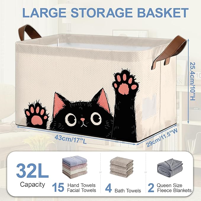 Funny Black Cat Storage Baskets,Foldable Organizer Bin with Handles for Home Living Room Bedroom Closet Box 17x11.5x10Inch