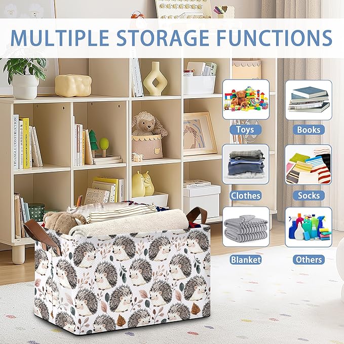 Cute Hedgehog Storage Basket,Leaf Collapsible Storage Bin Cubes for Living Room Bedroom Blankets Home Storage 17x11.5x10Inch