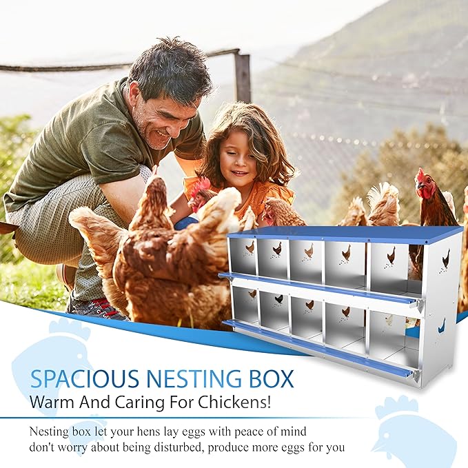 10 Compartments Chicken Nesting Box Laying Boxes for Chicken Hens Ducks Poultry Protect Eggs Chicken Coop Easy Egg Collection Wall Mount Metal Nest Box for Chicken Coop
