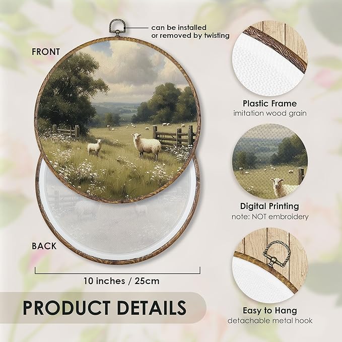 Fewgb Vintage Sheep Round Wall Art Decor Framed for Farmhouse, Rustic Country Canvas Wall Art Prints Picture, Farmhouse Landscape Hanging Room Decor Artwork for Gallery Kitchen Bedroom 10x10