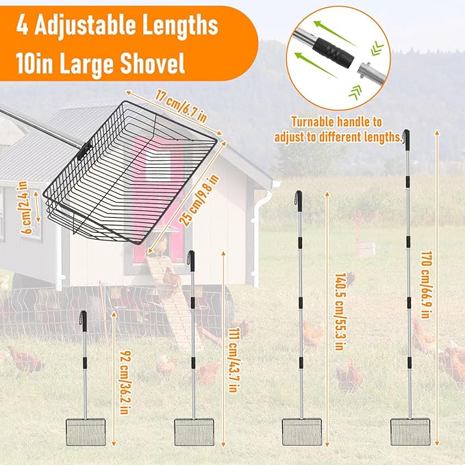 Chicken Poop Scooper, 66.9in Stainless Steel Long Chicken Coop Litter Scoop, Detachable Poop Shovel for Chicken Coop Accessories, Chicken coop Cleaning Tools