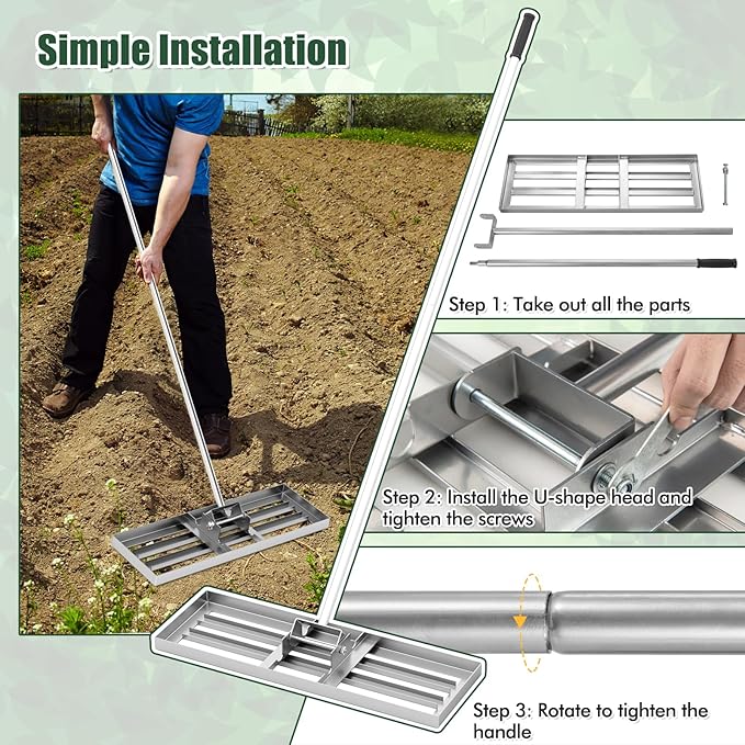 Happygrill Lawn Leveling Rake, Heavy Duty Lawn Level Tool for Soil w/67” Handle, Dirt Ground Leveler, Effort-Saving Landscape Rake for Garden, Backyard, Golf Course, Farm, Pasture (30" x 10", Silver)