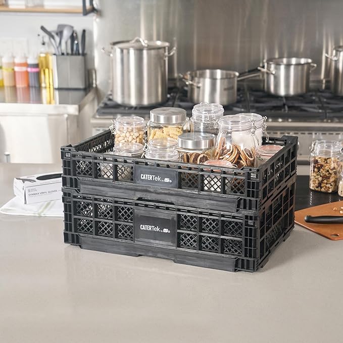 Restaurantware Plastic Milk Crates for Storage - Cater Tek Stackable Storage Buns for Organizing - Collapsible Storage Basket for Groceries, Black