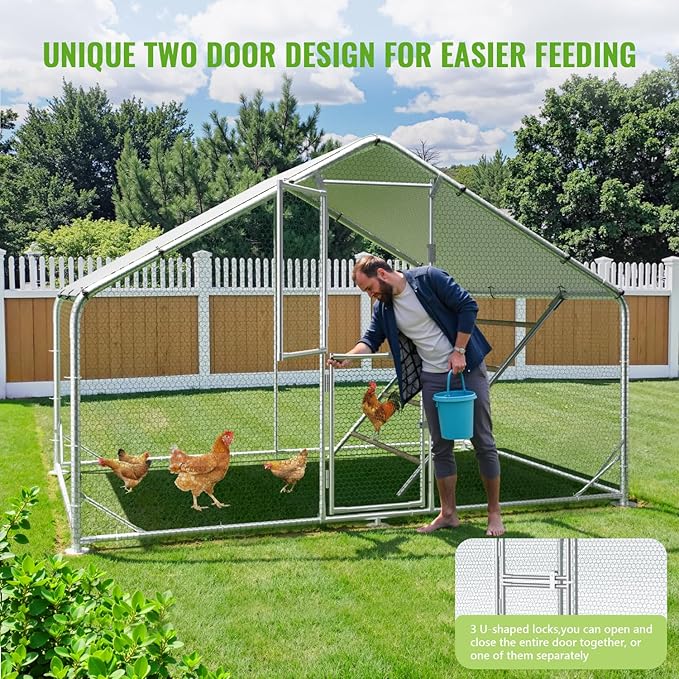 Large Metal Chicken Coop, 10x6.5x6.5FT Chicken Runs for Yard with Cover and Roosting Perch, Split Doors Walk in Chicken Coop