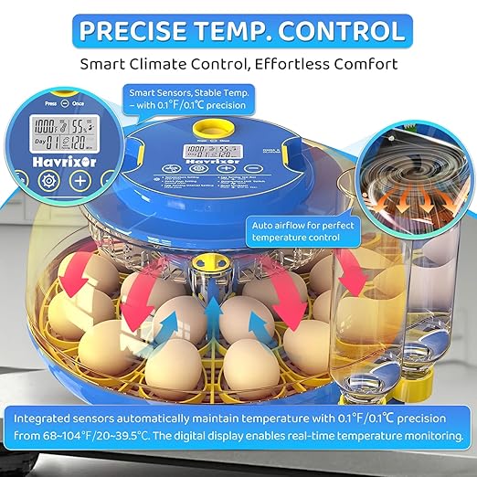 18 Egg Incubator for Hatching Eggs with Fully Automatic Egg Turning, Humidity Control by Bottles, Incubators for Chicken, Ducks, Quail, and Other Poultry Eggs, 360° View with Clear Window