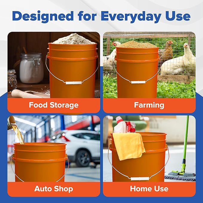 5 Gallon Bucket Only | Made in USA | Food Grade | Durable 90 Mil All Purpose Pail | BPA Free | Premium HPDE | Easy Stack and Store | Lids Not Included (Orange, 6)