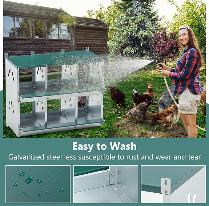 Chicken Nesting Box for Laying Eggs, Metal Poultry Nest Wall Mount, Large Vented Holes Chicken Coop, for Chickens, Hens (Green, 32, 6)