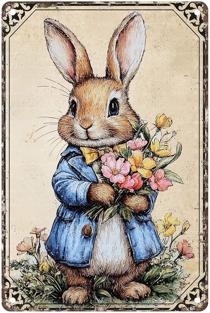 Easter Bunny Tin Sign Retro Sign Rabbit Vintage Retro Sign Home Decor Metal Sign for Home Garden Living Room Easter Wall Decorations 8X12Inch