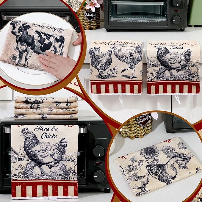 Bencailor 6 Pcs Farmhouse Kitchen Towels Chicken Rooster Kitchen Decor Farm Animal Hand Towels for Cooking Baking Housewarming Gift,15.75 x 23.62 inch(Red Black,Farmhouse)